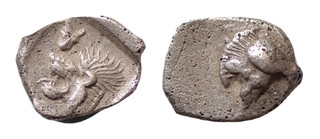 Mysia Kyzikos AR 8mm 0.45g Obol c.480–420 BC Lion Boar