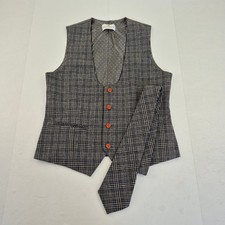 EMPIRE OUTLET Waistcoat 38 Matching Tie Grey Men's Wool Blend Formal Check