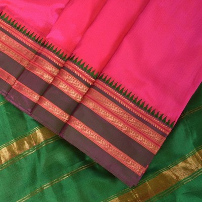Sanskriti Vintage Pink-Green Pure Silk Saree Zari Hand Woven