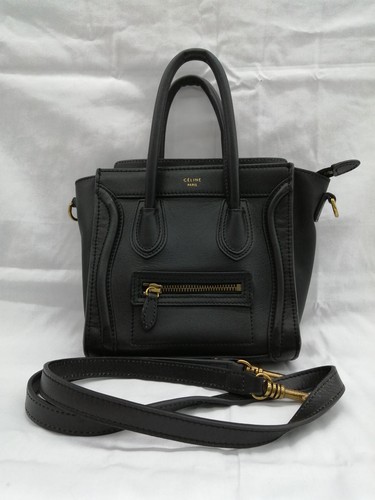 CELINE Luggage Nano Shopper Black Gold 2Way Shoulder Handbag Leather Used