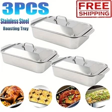 3XStainless Steel Deep Roasting Tray Oven Pan Grill Rack Baking Roaster Tin Dish
