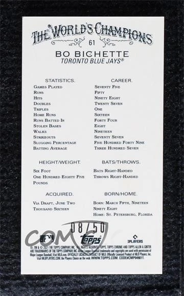 2021 Topps Allen & Ginter Chrome Mini Gold Refractor /50 Bo Bichette #61 - Image 2 of 2