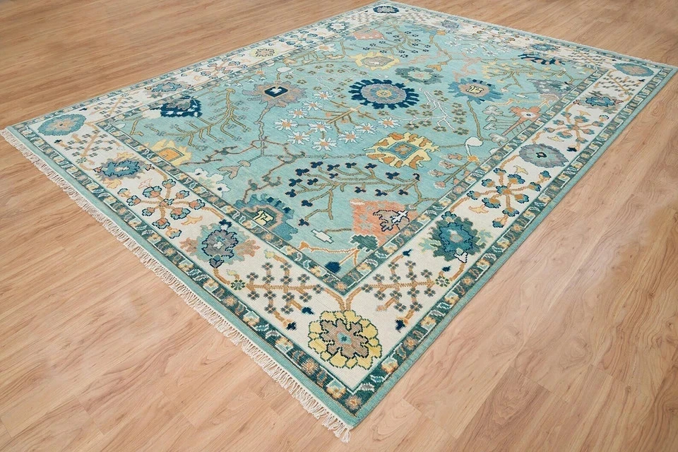 Aqua Blue Oushak Rug 8x10 Modern Area Rug Ivory Knotted 9x12 Colorful Woolen Rug - Image 4 of 4