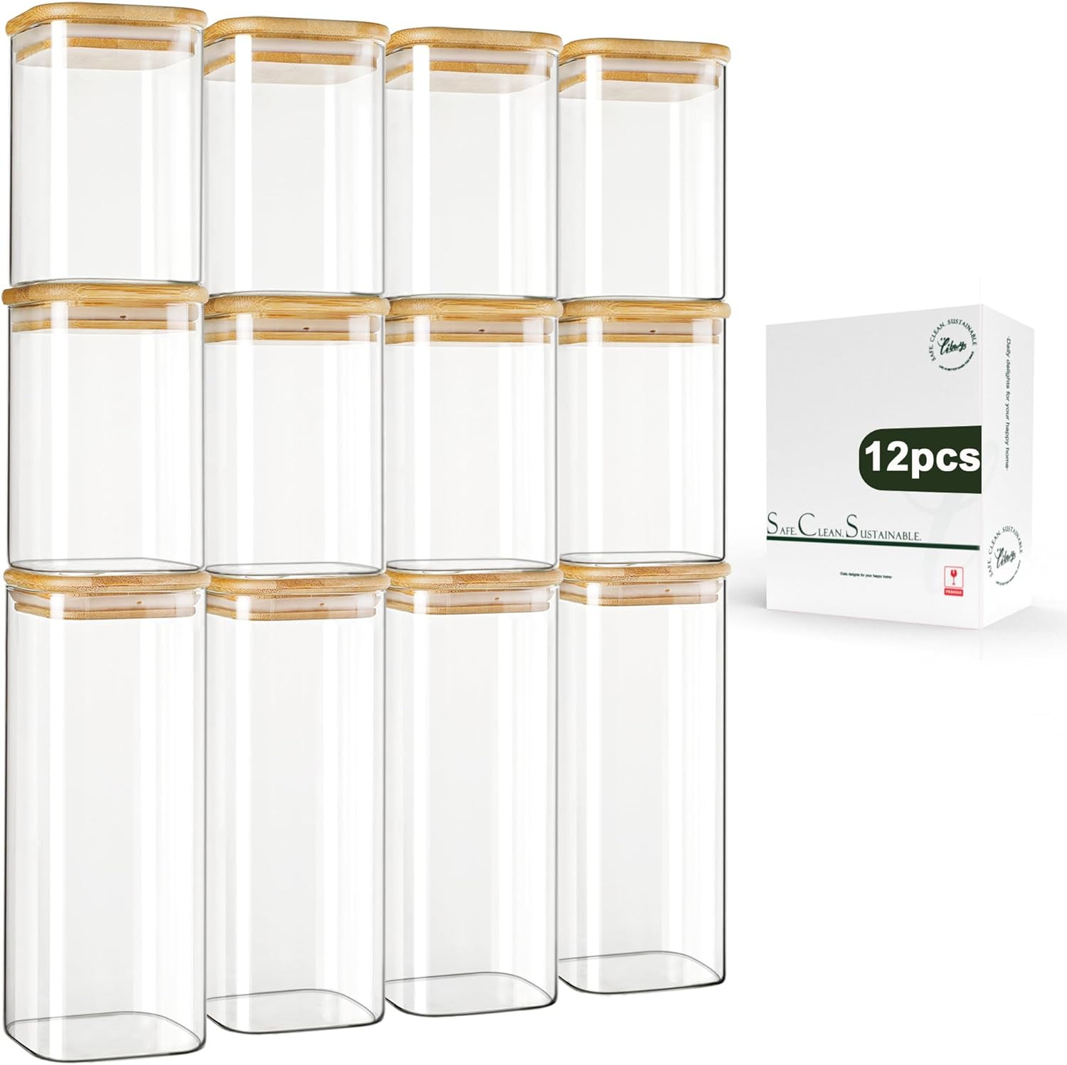 - Set Di 12 Barattoli Con Coperchio in Bambù, Rettangolari, in 2 Misure: 600 Ml;