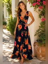 Windsor Navy Floral Wrap Maxi Dress with Orange & Pink Blooms Size- Small