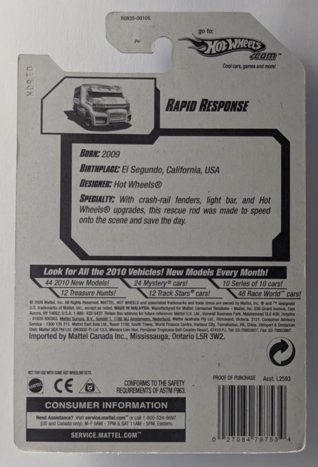 Rapid Response 2010 Hot Wheels 018/240 NUEVO Sellado Blanco Rojo Nuevos Modelos Ambulancia Foto 3 de 3