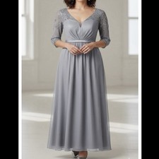 Alex Evenings Gray Beaded Illusion Mesh Neck Sweetheart Maxi Dress Size 12