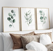 Botanical Wall Art Prints Set of 3 Green Watercolour Eucalyptus Branch Posters