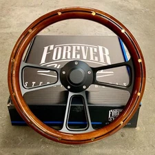 14" Steering Wheel Matte Black Mahogany Half Wrap Grip with Brass Rivets
