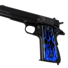 Custom 1911 Full Size Diamond Polish Ergonomic Acrylic Grips Flames Blue