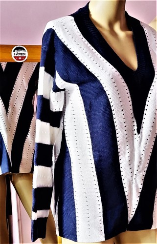 HOTAPEI Long Sleeve Deep V Neck Hand Knit Striped Sweater Tops Loose FIT SIZE S - Picture 6 of 7