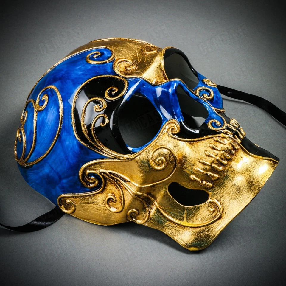Day of the Dead Skull Mask Halloween Masquerade Venetian Costume Mask Blue Gold - Image 3 of 4