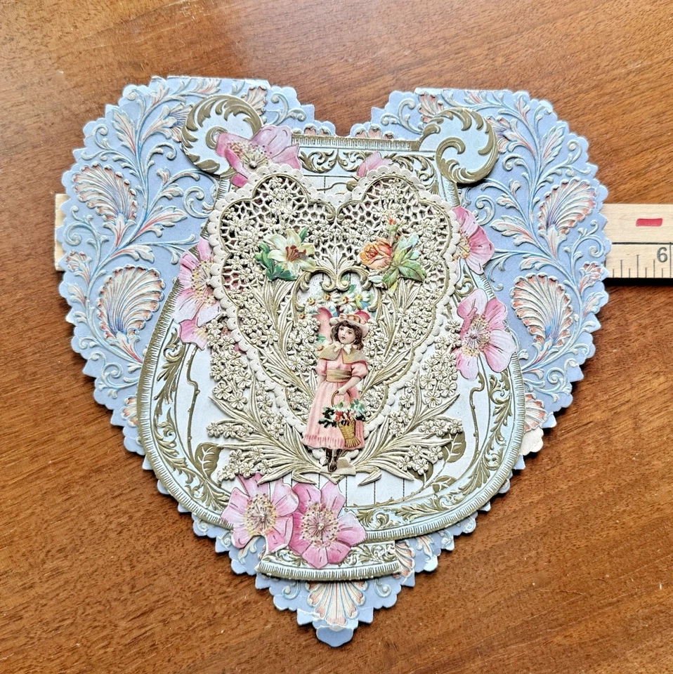 Antique Victorian Valentine Paper Lace Sweetheart Pop Up Embossed Card 8" x 8" - Image 2 of 4