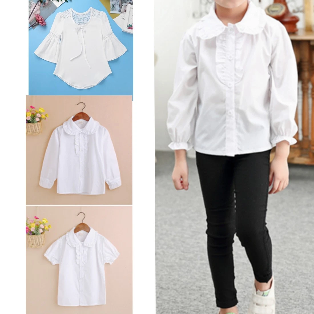 Kid Girl School Uniform Blouse Long Short Sleeve White Shirt Tops