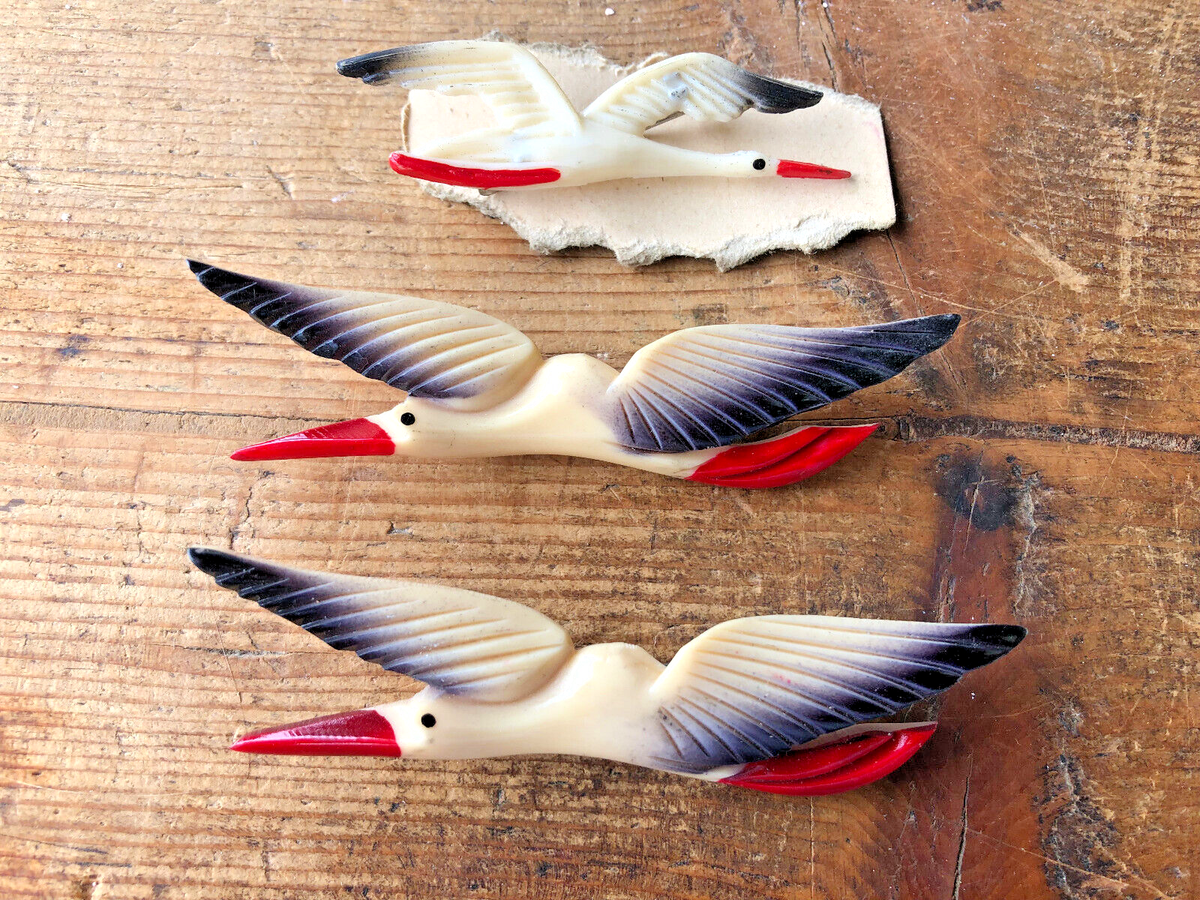 Broche Vintage Cigogne En Vol - Bakélite Ivoire Et Noir - Style Rétro Oiseau