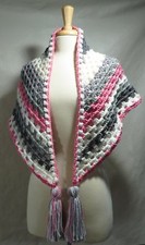 Crochet granny stitch scarf, triangle shawl with tassles pink, grey, white