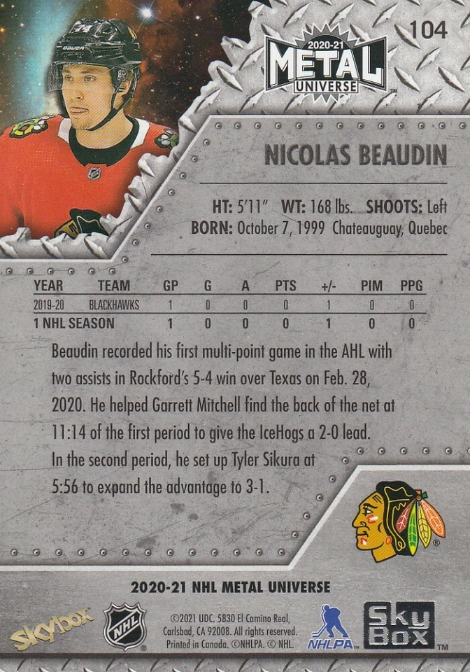 2020-21 Nicolas Beaudin Skybox Metal Universe Rookie Hockey Card #104 - Image 2 of 2