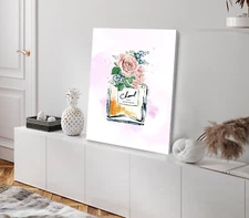 Pink Flowers & Leaves with Perfume Bottle Stretched Canvas 40x50cm Print