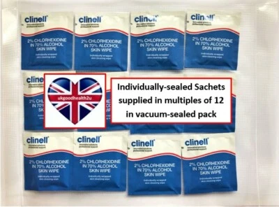 12 x Clinell 2% Chlorhexidine in 70% Alcohol Disposable Disinfectant Skin Wipes