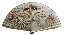 Vintage Handpainted Wooden Cut Out Floral Filigree White/Ivory Hand Folding Fan
