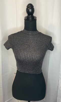 Micas Mock Neck Black/Silver Ribbed Crop Top Cutout Back Corset S NWT