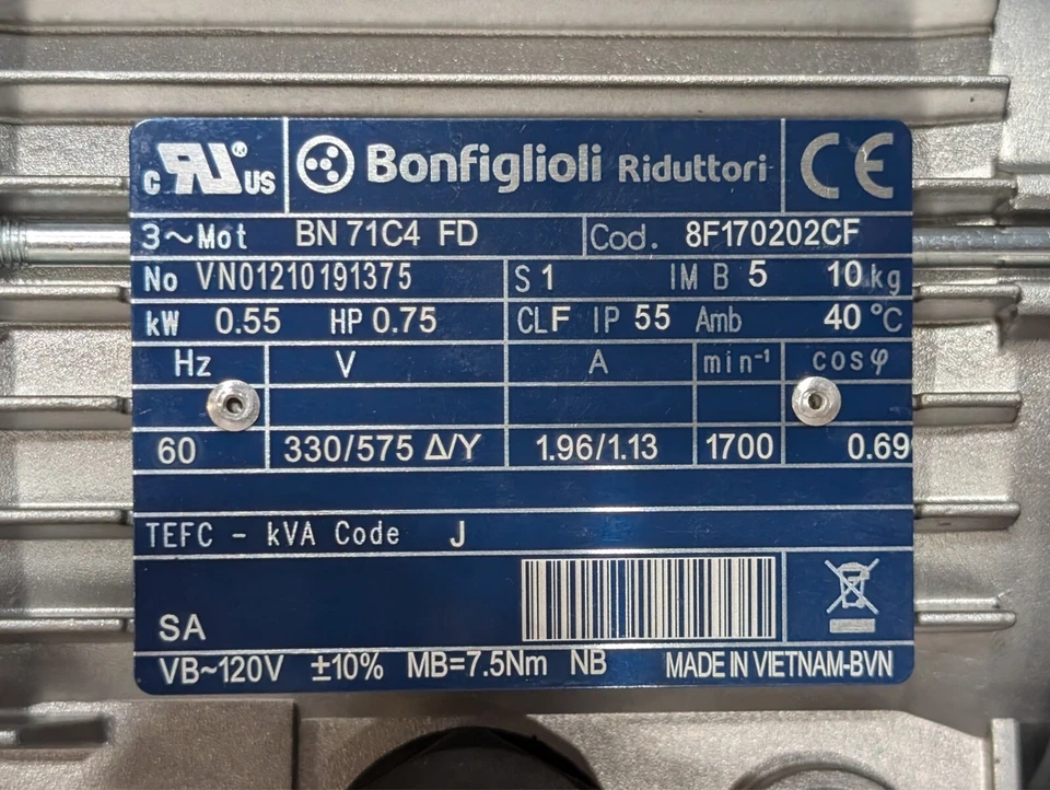 NEW BONFIGLIOLI 0.55kw .75hp 3PH Brake MOTOR Voltage 330/575V 60Hz IP55 - Image 2 of 4