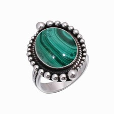 Handmade Sterling Silver Malachite Gemstone Ring, Oval Green Gemstone 12x16mm 01