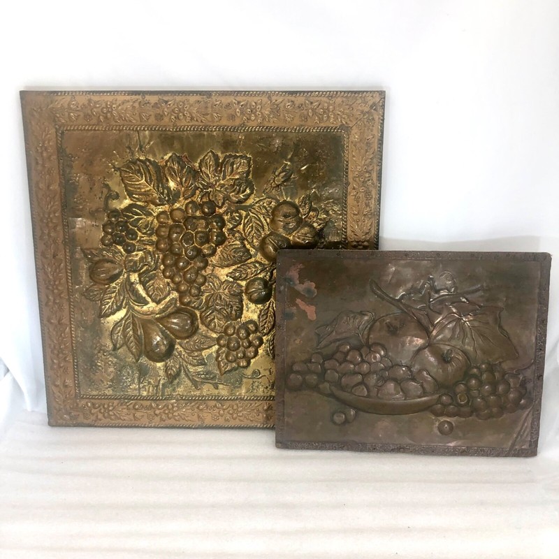 Antique Brass Repousse Grape Wine Motif Plaques