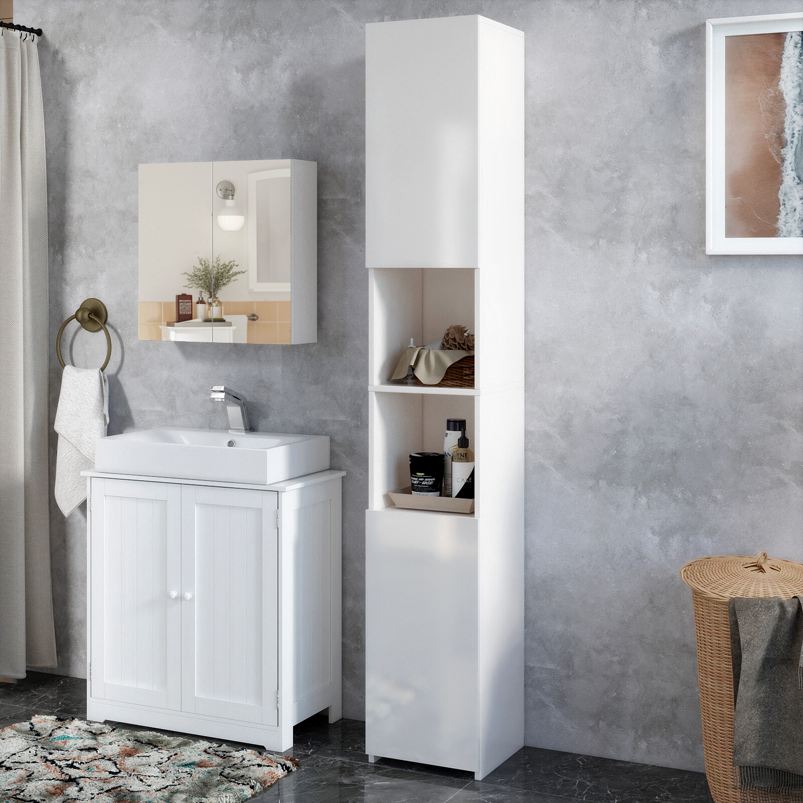 Mondeer Tall Bathroom Slim w/ 2 High Gloss Doors 6 Shelves White eBay