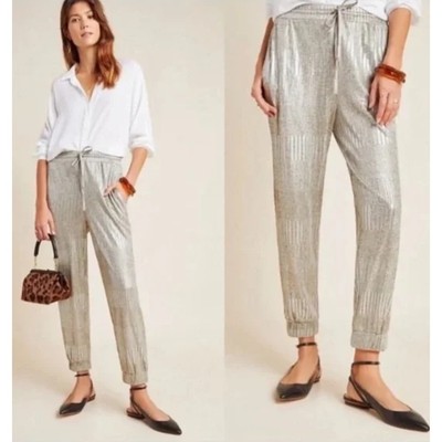 Bishop + Young Anthropologie Metallic Draw String Elastic Waist Jogger SZ LG