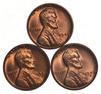 Choice Unc 1949 P+D+S Lincoln Wheat Cent Gem BU Collection Lot Set