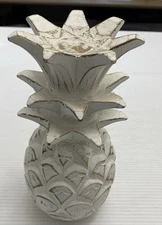 10 Inch Antique White Pineapple Real Size Art Carved Solid Wood Sculpture Decor