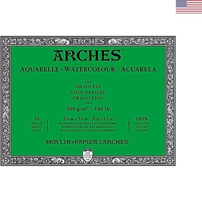 High-Performance 9'' x 12'' Cold Press Watercolor Paper Block - 20 Sheets, 140lb