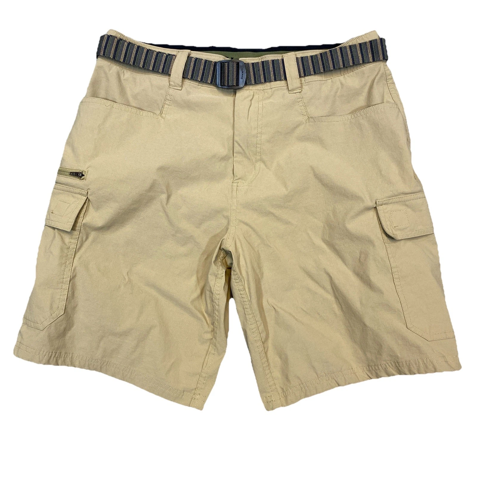 Orvis Tech Cargo Shorts Men's 32 Khaki Bermuda Belted Stretch Waistband Hiking