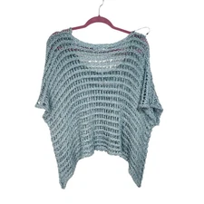 B&K Moda Knit Popover Top Ice Blue M/L Open Weave Dolman Sleeve Cover Up