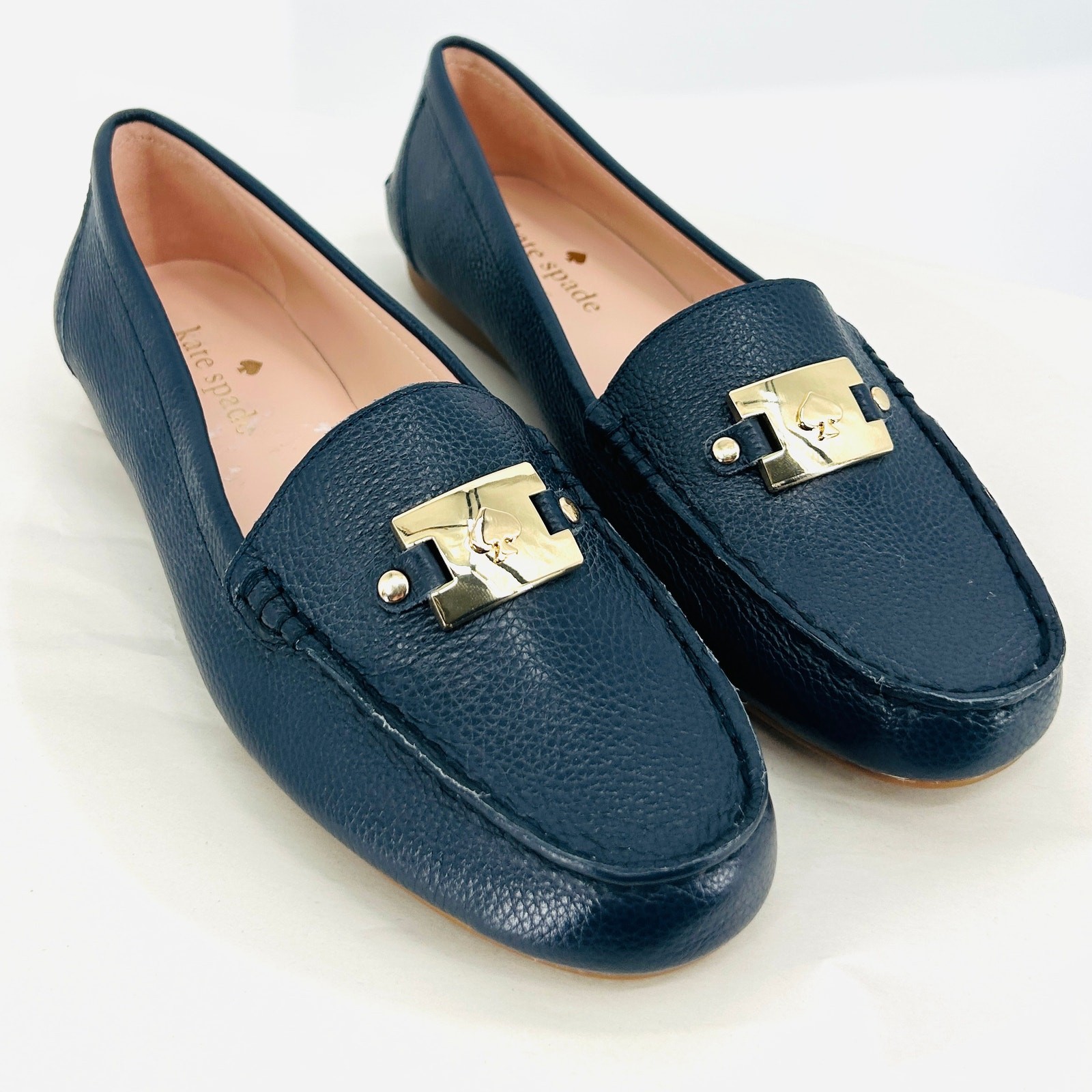 New Kate Spade New York Navy Blue Pebbled Leather Carmen Driving Loafers