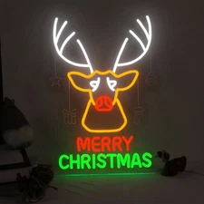 Reindeer Neon Sign Merry Christmas Glow USB Dimmable Light Christmas  Hang Decor