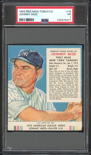 Johnny Mize #18 1953 Red Man Tobacco card
