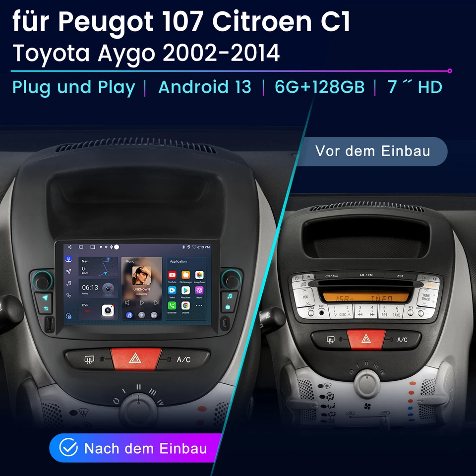 6+128G Für Peugeot 108 Toyota Aygo Citroen C1 Carplay Android Autoradio GPS Navi - Bild 2 von 4
