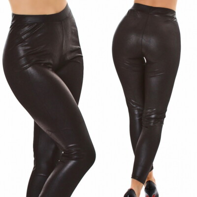Damen Leggings High Waist Wetlook Kunstleder Schwarz Glanz Skinny viel Stretch