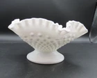 Vintage Fenton Hobnail White Milk Glass  8" Ruffled Edge Compote Candy Dish