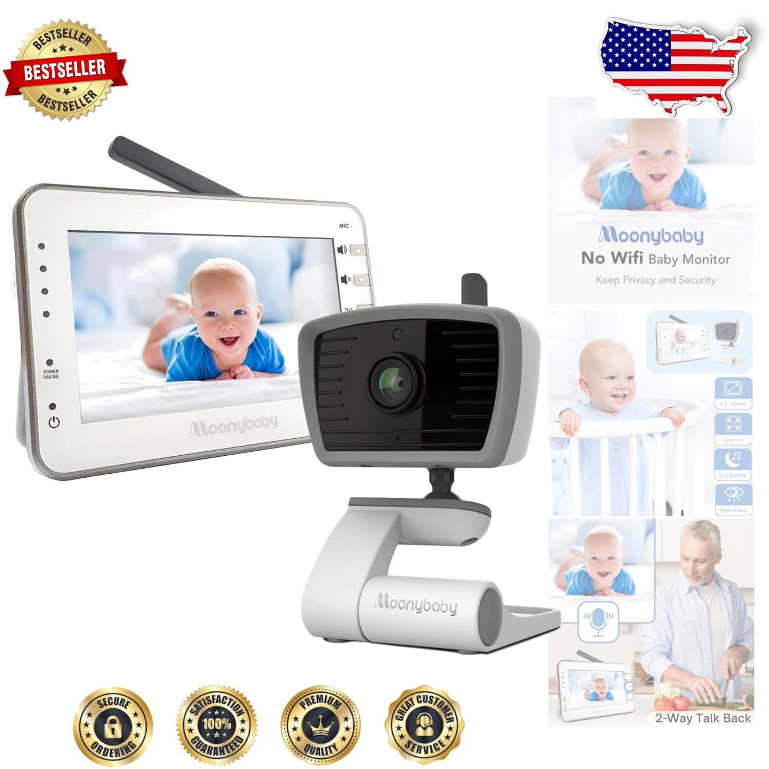 Indoor HD Baby Monitor with Lullabies Temperature Alerts No Wifi Required-image