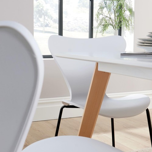 Dining Table Set 120cm White Top Wooden Legs 4 Curved Plastic Metal White Chairs - Picture 5 of 12