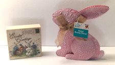 Easter Tabletop Decor' Pink Embossed Metal Bunny w/Easter Greetings Sign New