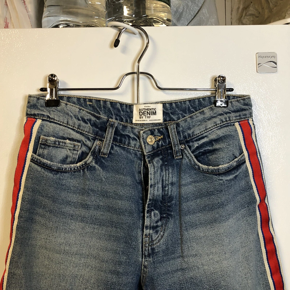 Zara Authentic Denim By TRF Woman s Blue Jeans 6 Straight Leg Red Side Stripe