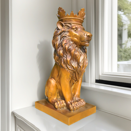 34cm Bronze Lion Statue Sitting Crown Lion Sculpture Casting Bronze Animal Decor - Picture 5 of 7