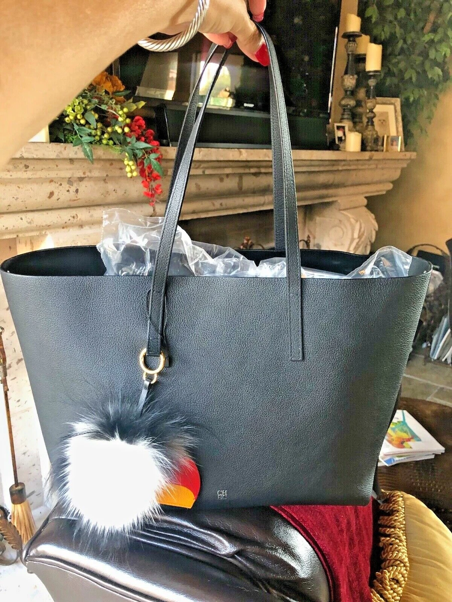 CAROLINA HERRERA BLACK LEATHER SHOPPER TOTE HANDBAG W/ POMPOM TOUKY CHARM