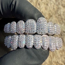 Men's Hip Hop Grillz Set 10 Top Teeth & Ten Bottom Big Front Tooth Iced CZ Bling