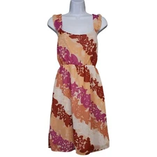 Elle Womens High Waist Dress Size M Orange Pink Chiffon Sleeveless Ruffle Lined