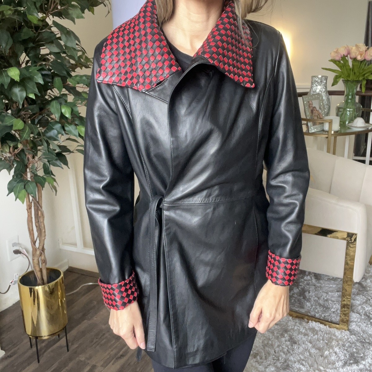 Vera Pelle Vintage Black Leather Jacket With Red Black Vera Pelle Vintage Black Leather Jacket With Red Black